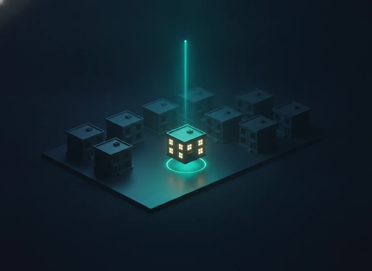 Night diorama of identical small buildings with one lifted and highlighted by a teal glow
