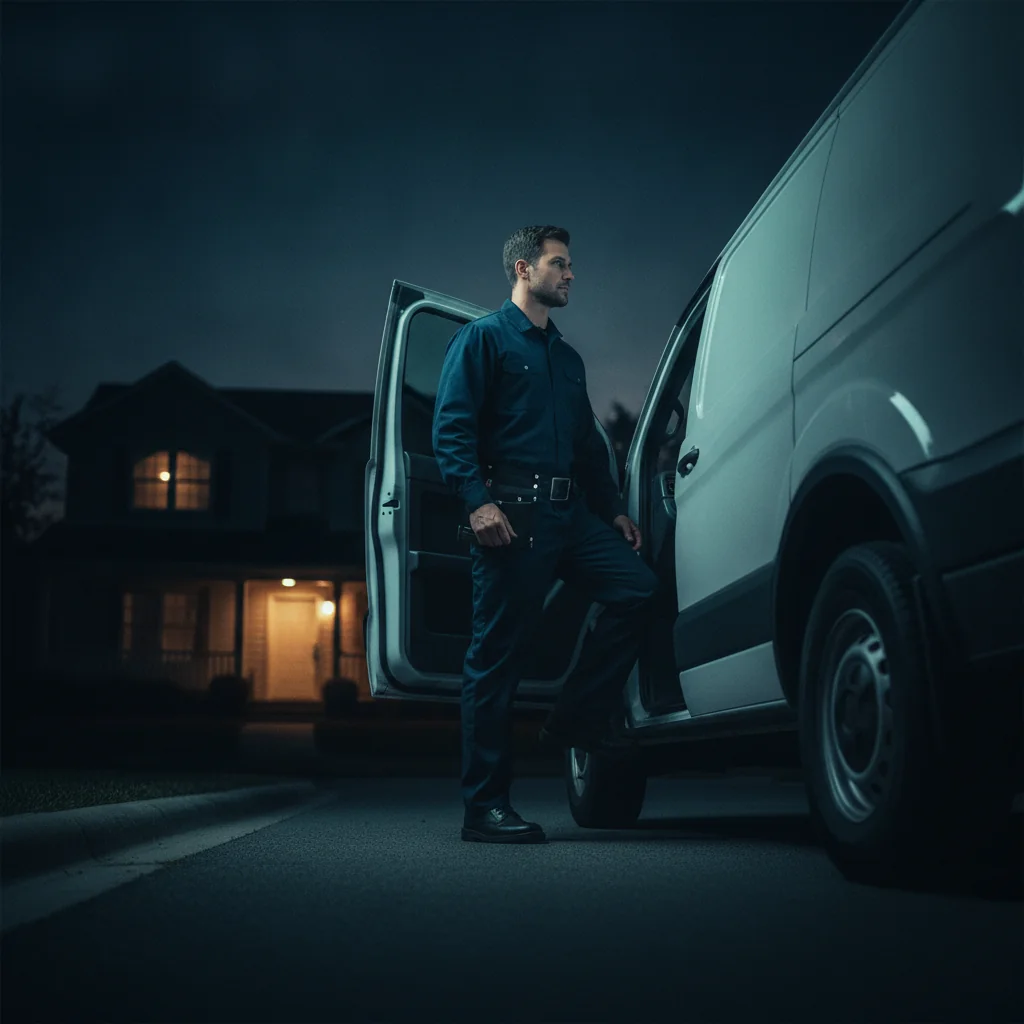 Service technician stepping down from a white van at dusk, looking toward a warmly lit house